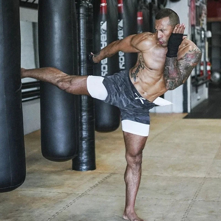 Shorts de corrida camuflados masculinos 2 em 1, secagem rápida