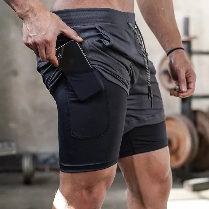 Shorts de corrida camuflados masculinos 2 em 1, secagem rápida